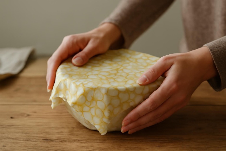 Hand holding a finished beeswax food wrap around a bowl