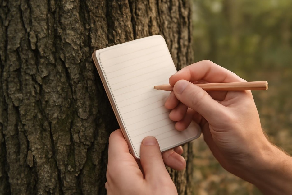 Close-up of a tree trunk and a small field notebook